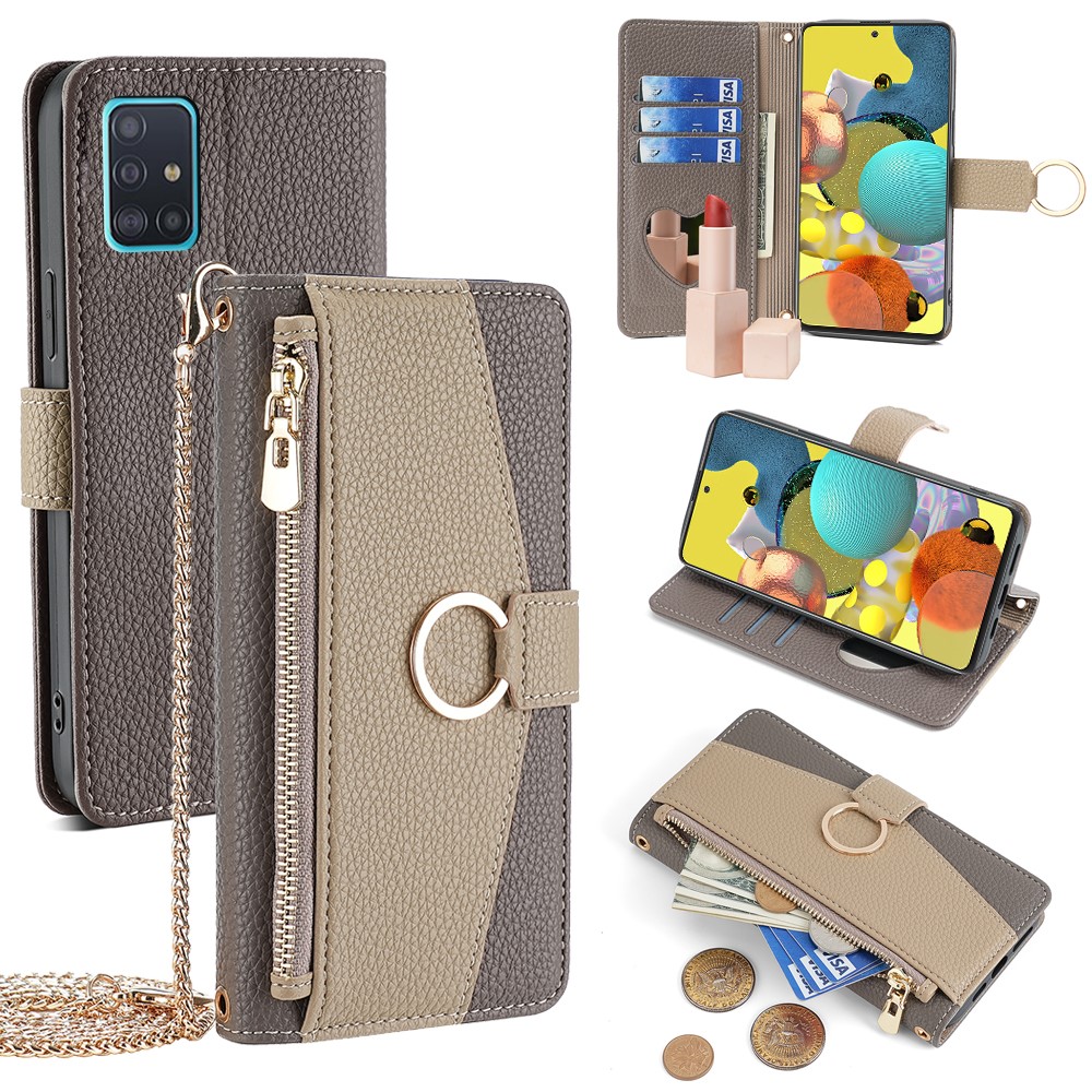 For Samsung Galaxy A51 5G SM-A516 Wallet Case Zipper PU Leather Crossbody Phone Cover - Grey