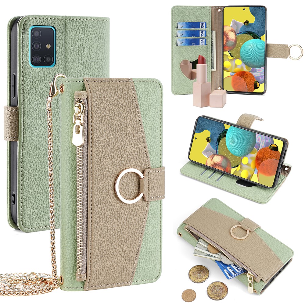 For Samsung Galaxy A51 5G SM-A516 Wallet Case Zipper PU Leather Crossbody Phone Cover - Green