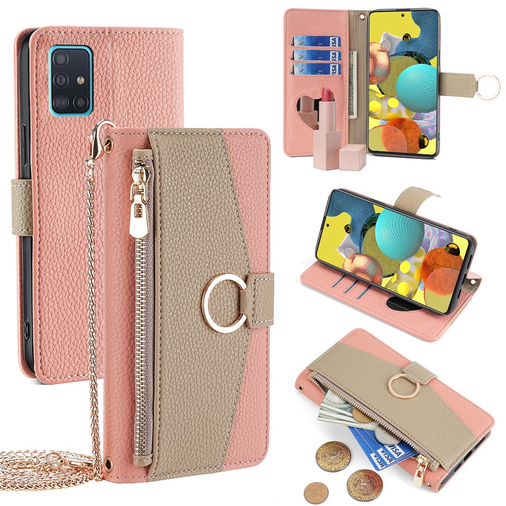For Samsung Galaxy A51 5G SM-A51 Wallet Case Zipper PU Leather Crossbody Phone Cover - Pink