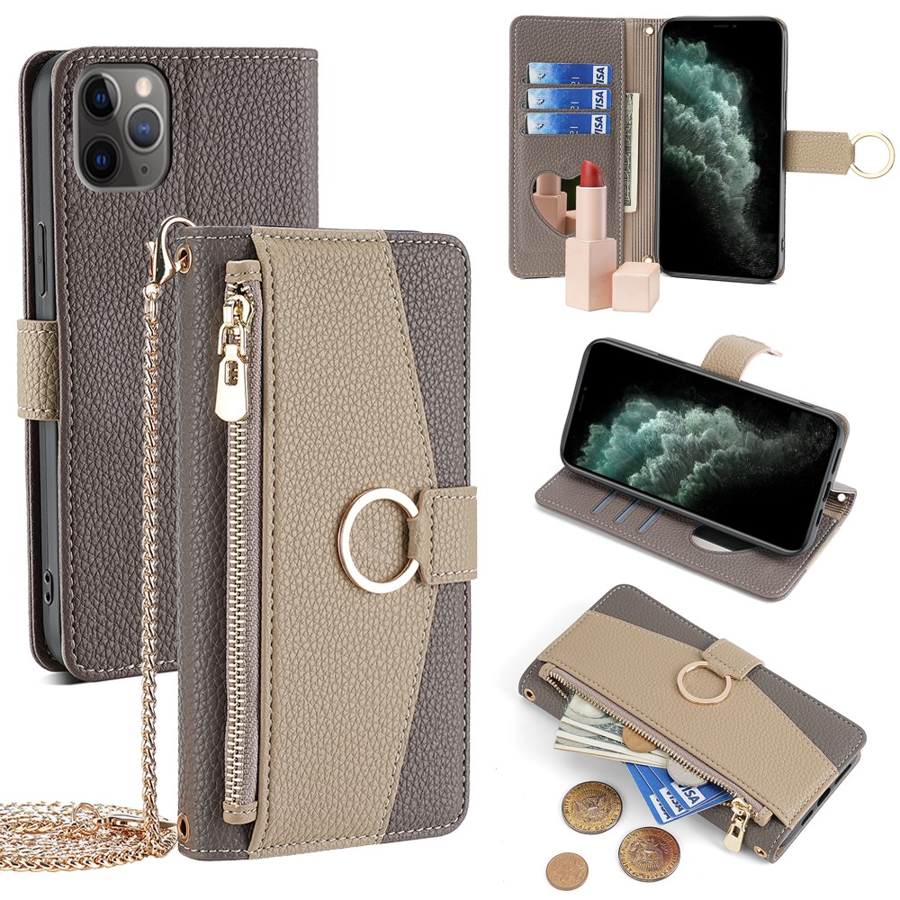 For iPhone 11 Pro Case Zipper Pocket Phone Bag Stand Cover with Makeup Mirror Strap - Grey