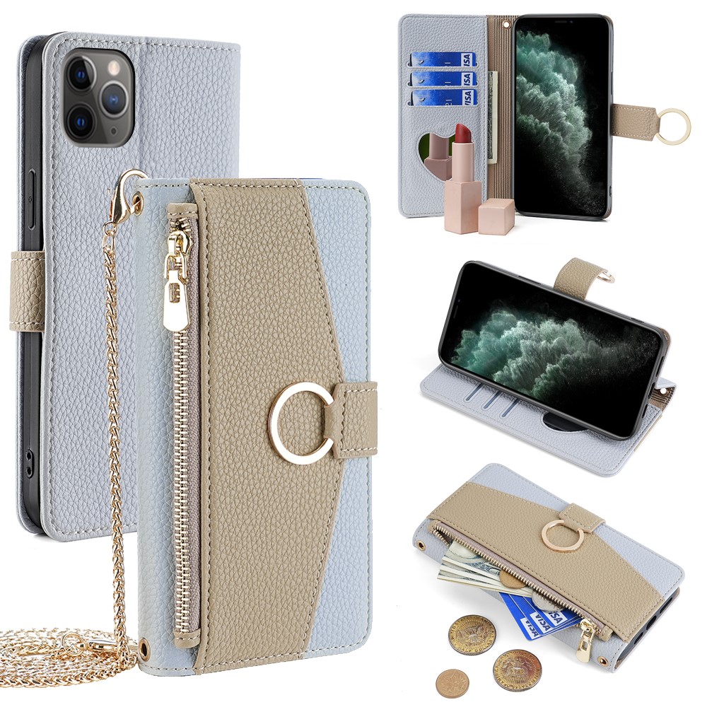 For iPhone 11 Pro Case Zipper Pocket Phone Bag Stand Cover with Makeup Mirror Strap - Blue