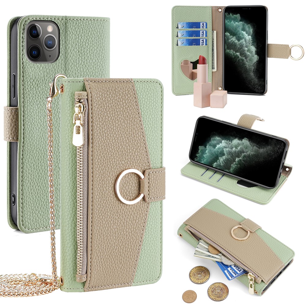 For iPhone 11 Pro Case Zipper Pocket Phone Bag Stand Cover with Makeup Mirror Strap - Green