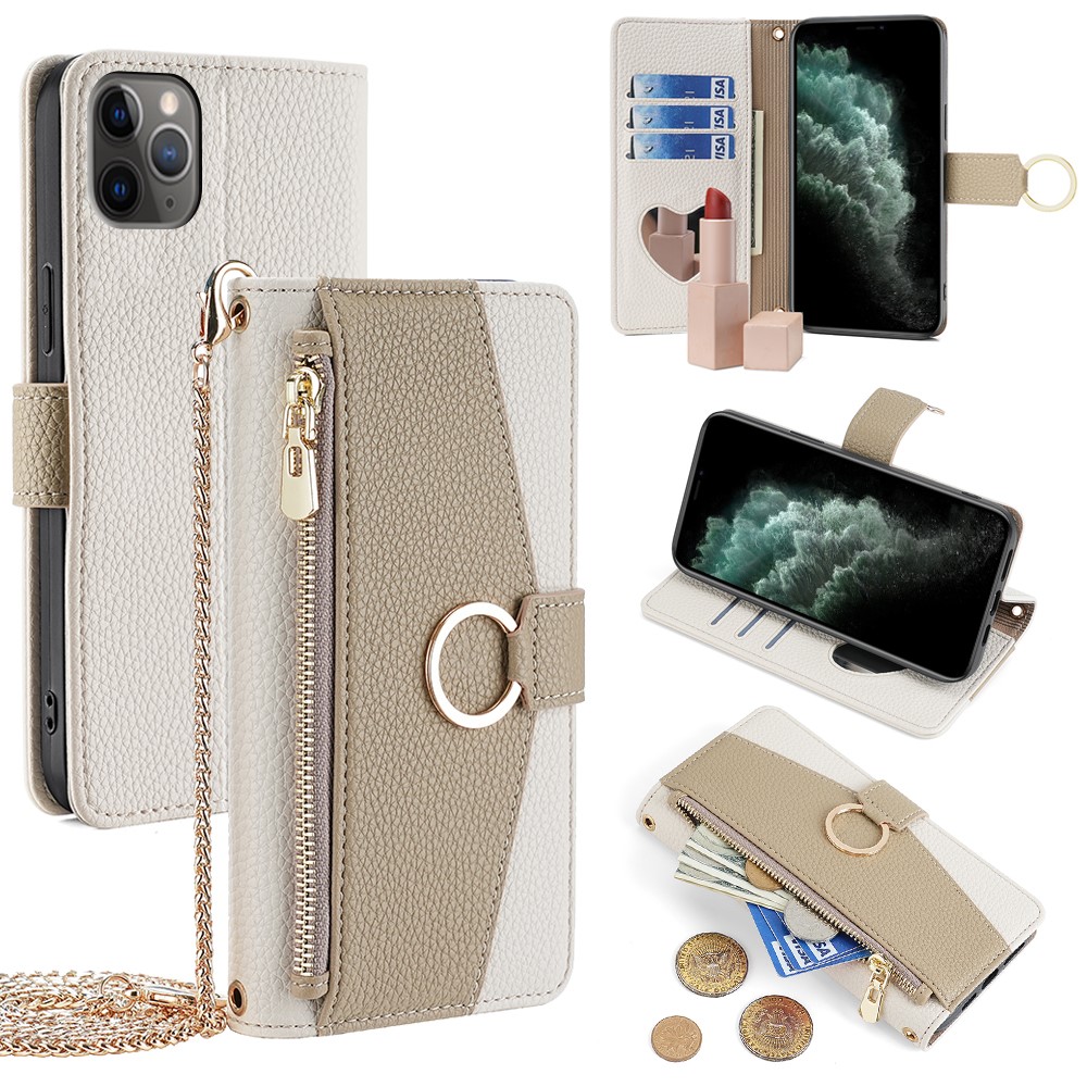 For iPhone 11 Pro Case Zipper Pocket Phone Bag Stand Cover with Makeup Mirror Strap - White