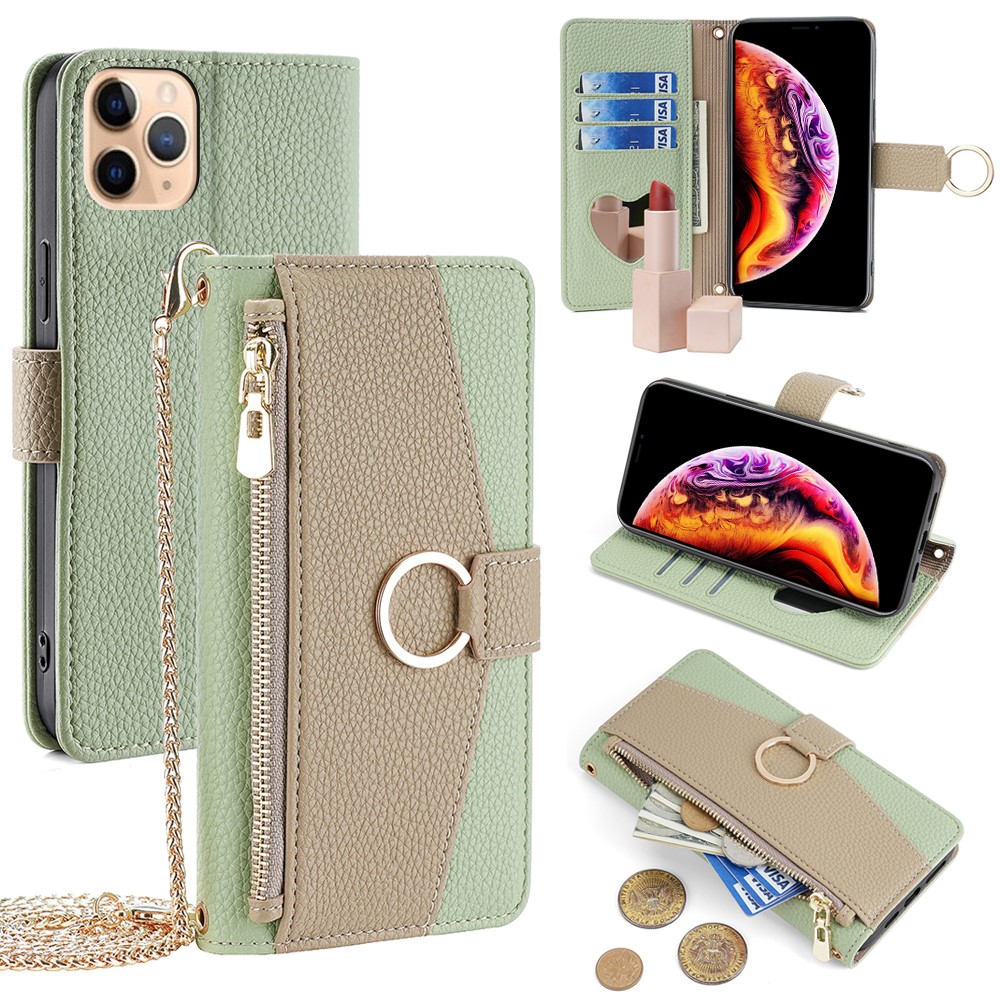For iPhone 11 Pro Max Case PU Leather Phone Stand Cover Card Bag with Chain Strap - Green