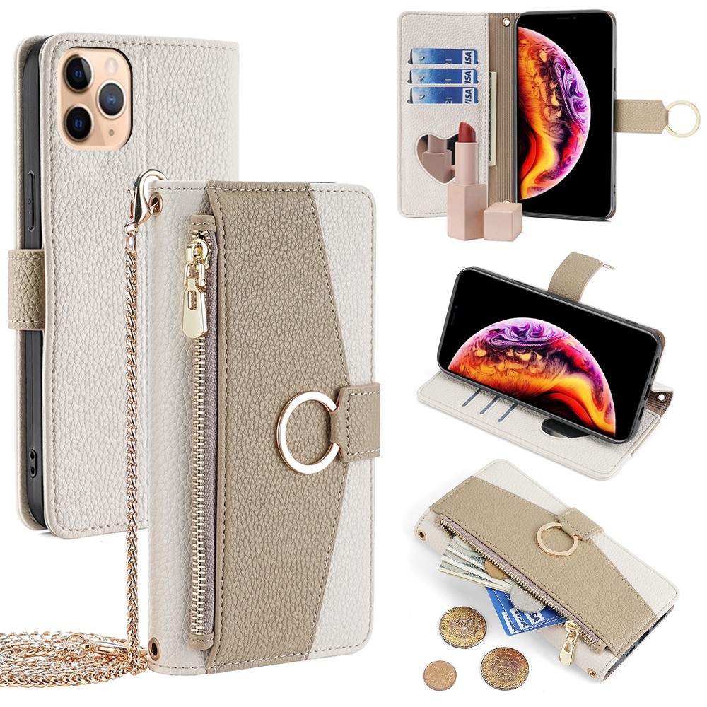 For iPhone 11 Pro Max Case PU Leather Phone Stand Cover Card Bag with Chain Strap - White