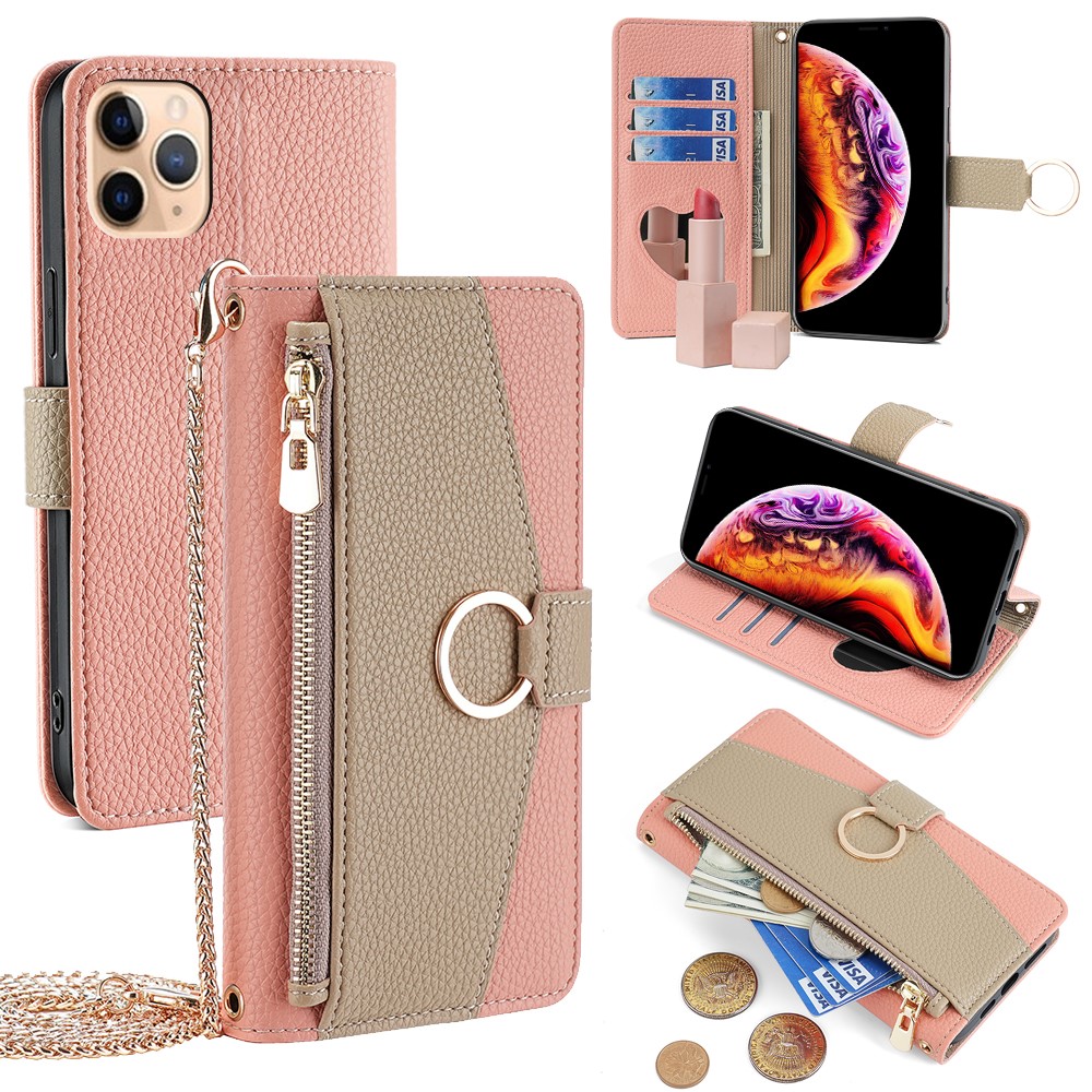 For iPhone 11 Pro Max Case PU Leather Phone Stand Cover Card Bag with Chain Strap - Pink