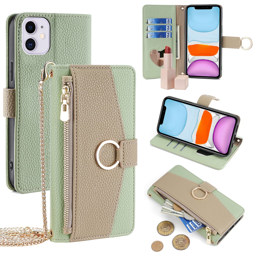 For iPhone 11 Wallet Case PU Leather Phone Cover Card Bag Stand with Shoulder Strap - Green