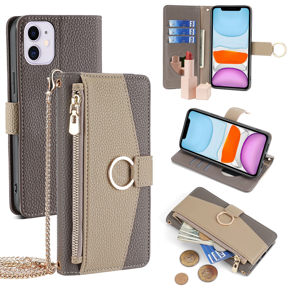 For iPhone 11 Wallet Case PU Leather Phone Cover Card Bag Stand with Shoulder Strap - Grey