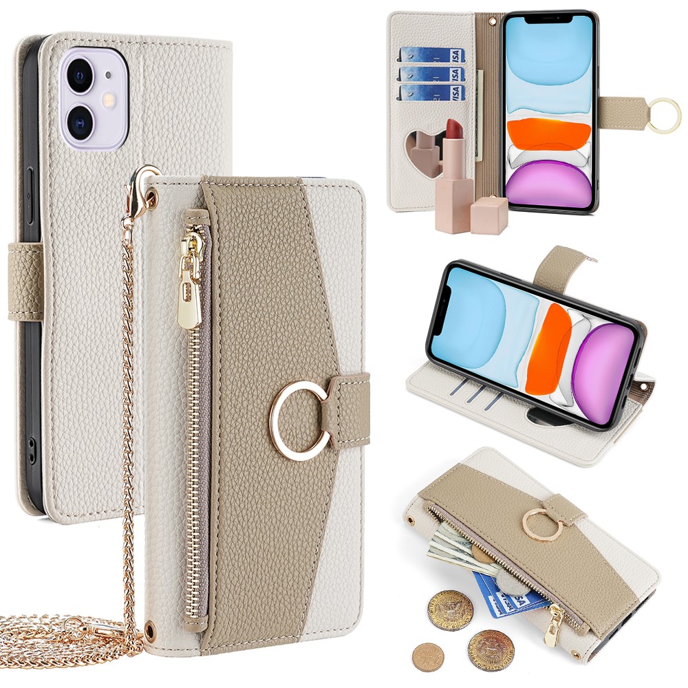 For iPhone 11 Wallet Case PU Leather Phone Cover Card Bag Stand with Shoulder Strap - White