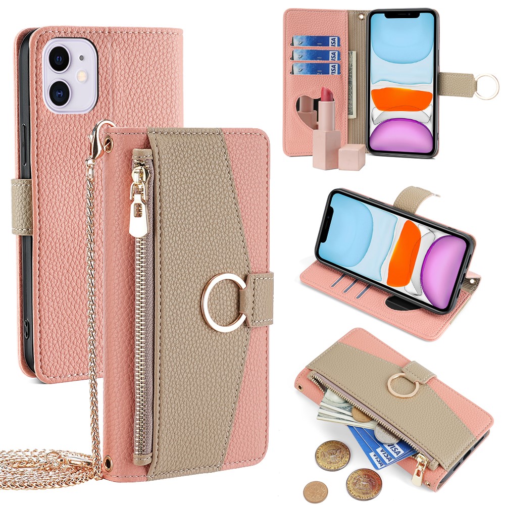For iPhone 11 Wallet Case PU Leather Phone Cover Card Bag Stand with Shoulder Strap - Pink