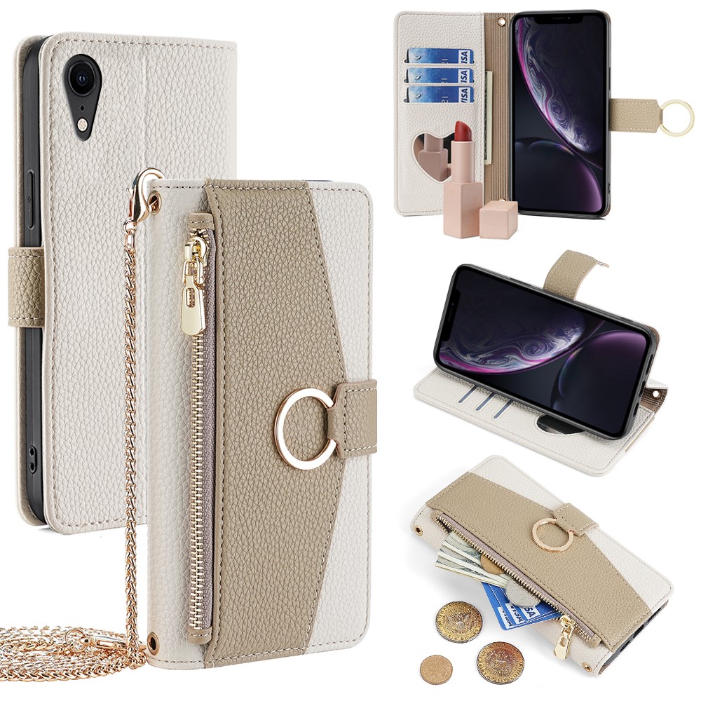 For iPhone XR Case PU Leather Phone Cover Wallet Makeup Mirror with Shoulder Strap - White