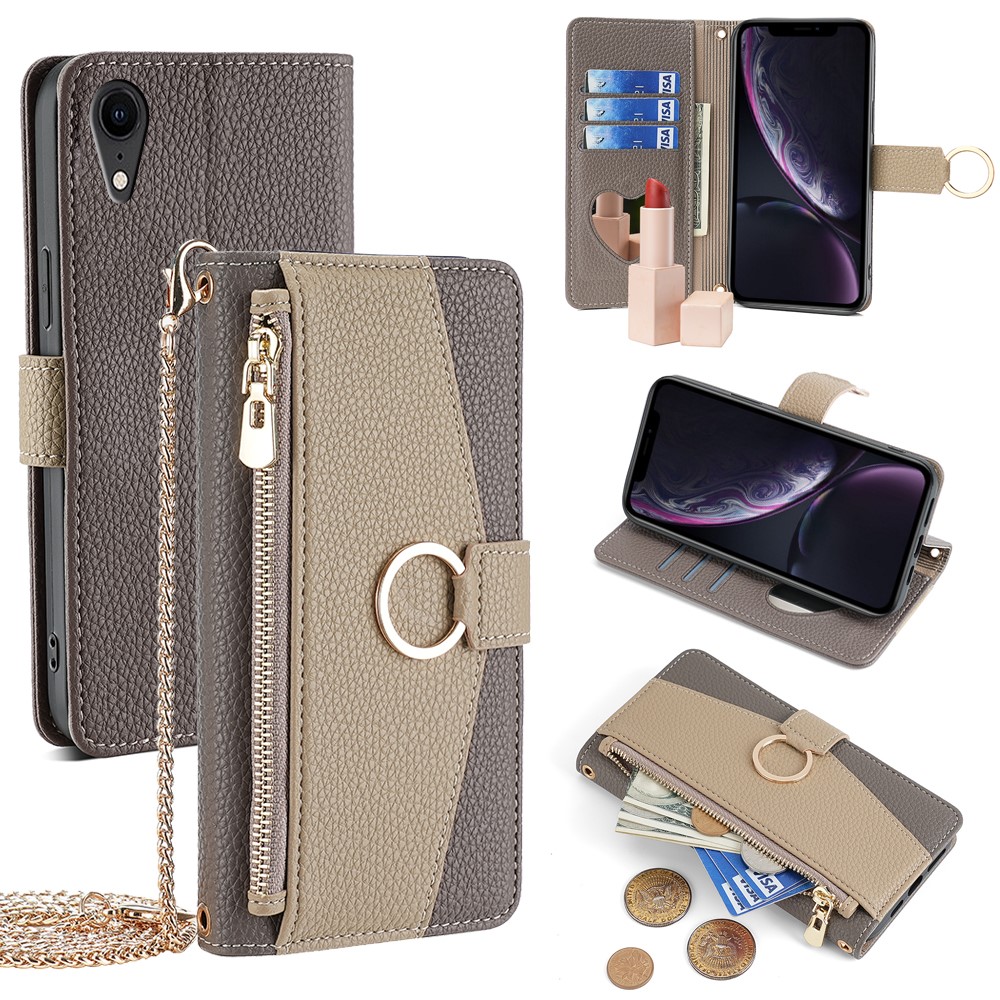For iPhone XR Case PU Leather Phone Cover Wallet Makeup Mirror with Shoulder Strap - Grey