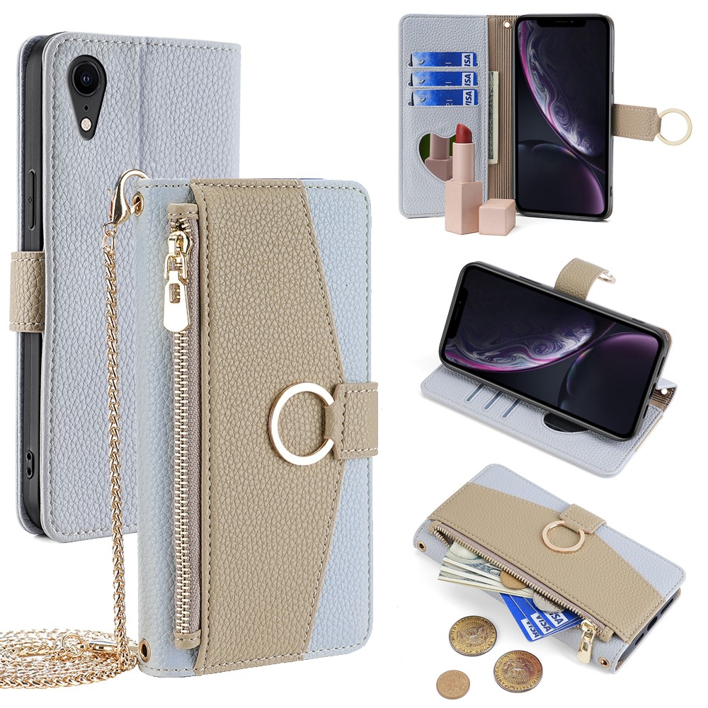 For iPhone XR Case PU Leather Phone Cover Wallet Makeup Mirror with Shoulder Strap - Blue