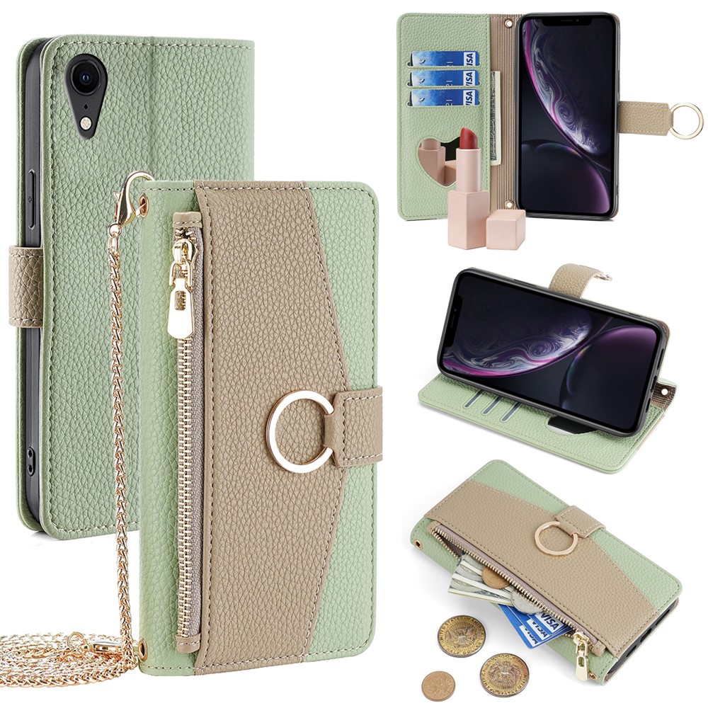 For iPhone XR Case PU Leather Phone Cover Wallet Makeup Mirror with Shoulder Strap - Green