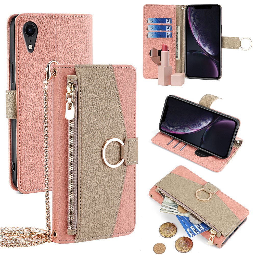 For iPhone XR Case PU Leather Phone Cover Wallet Makeup Mirror with Shoulder Strap - Pink