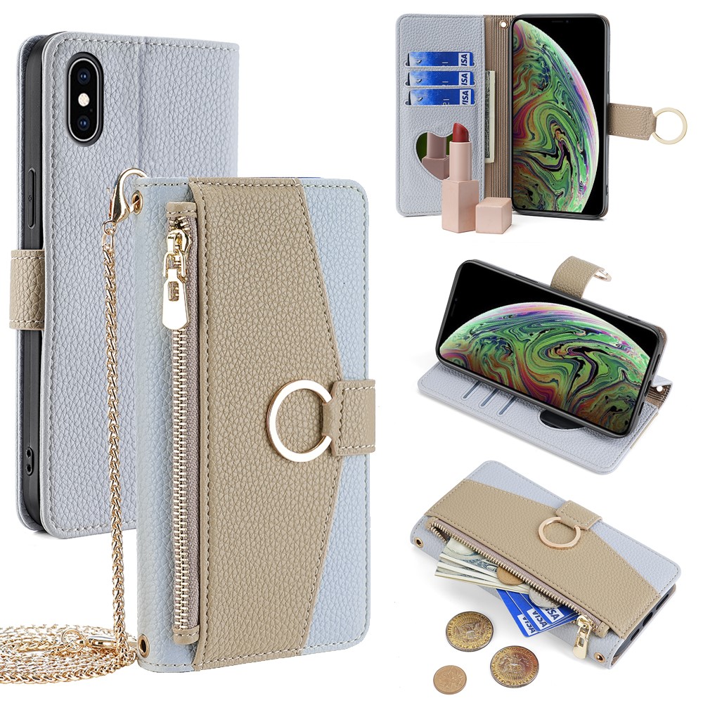 For iPhone XS Max Leather Case Wallet Phone Bag Cover Stand with Chain Strap - Grey - Blue