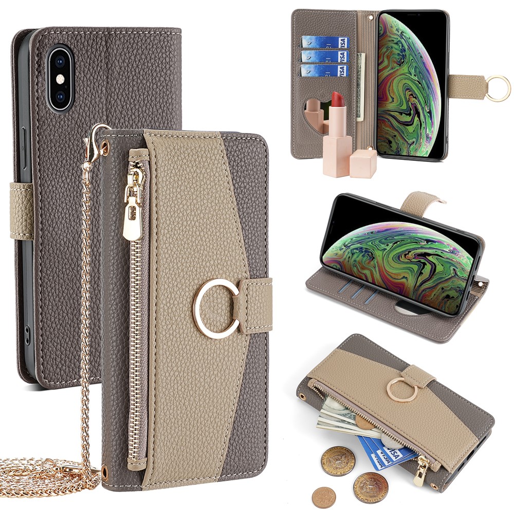 For iPhone XS Max Leather Case Wallet Phone Bag Cover Stand with Chain Strap - Grey - Grey