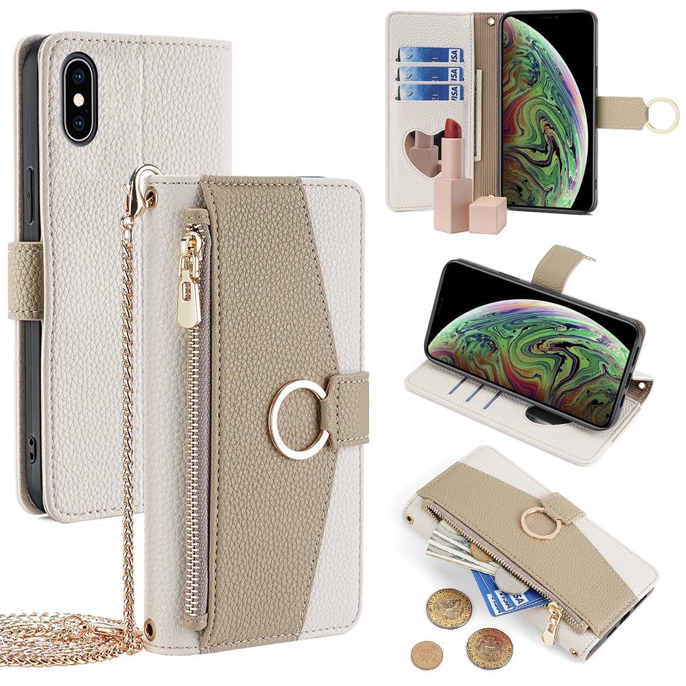 For iPhone XS Max Leather Case Wallet Phone Bag Cover Stand with Chain Strap - Grey - White