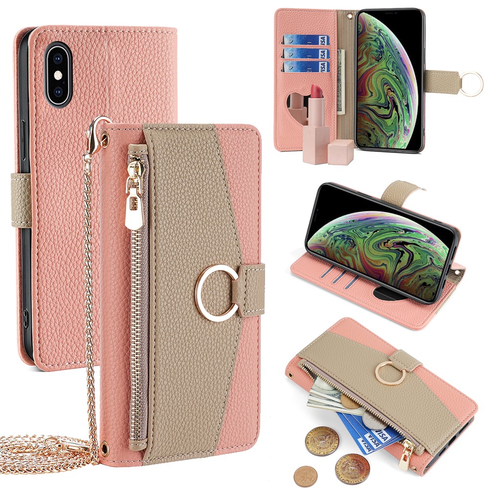 For iPhone XS Max Leather Case Wallet Phone Bag Cover Stand with Chain Strap - Grey - Pink