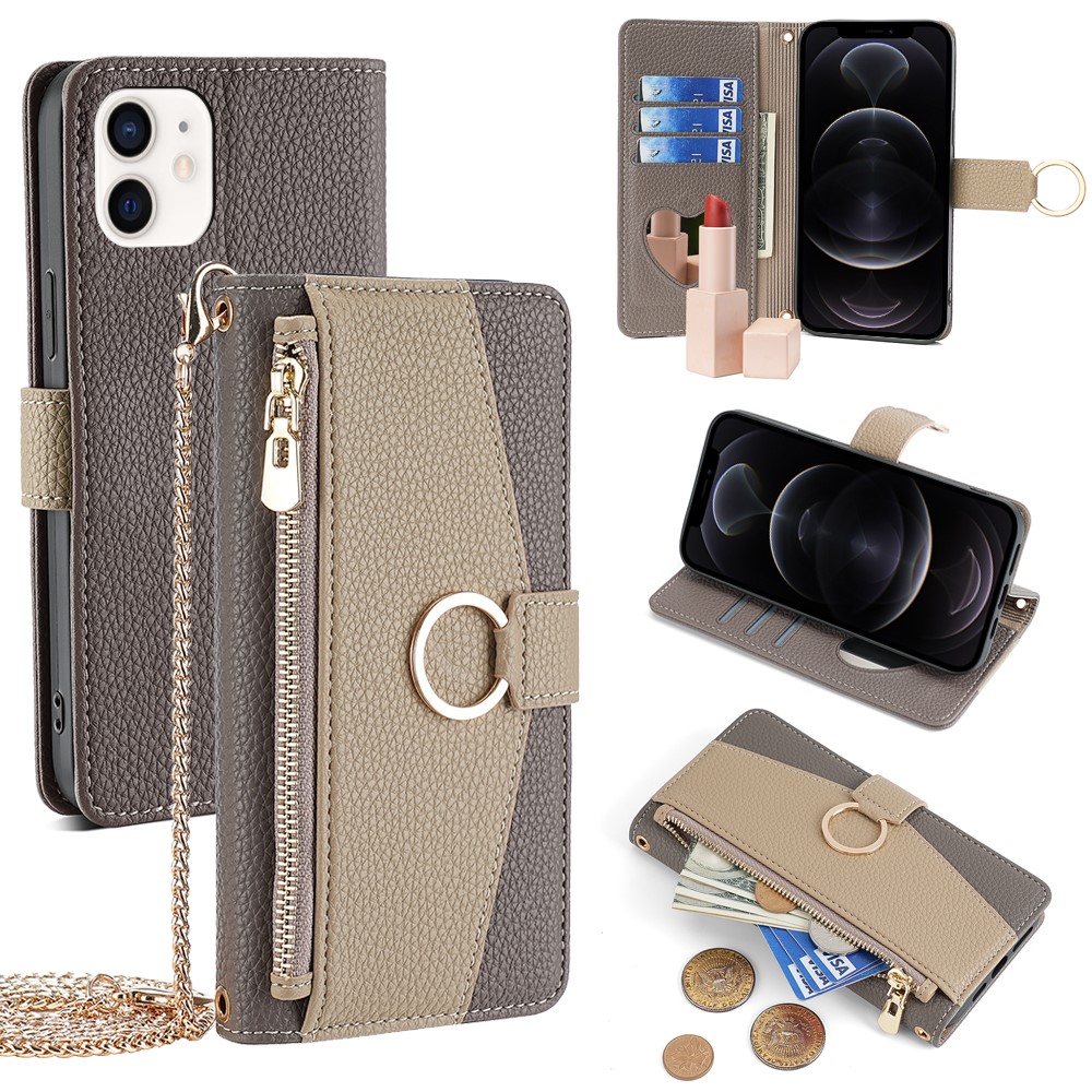 For iPhone 12  /  12 Pro Case Stand with Strap PU Leather Wallet Phone Cover Card Holder - Grey