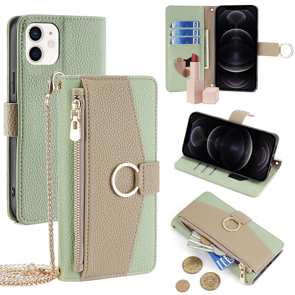 For iPhone 12  /  12 Pro Case Stand with Strap PU Leather Wallet Phone Cover Card Holder - Green