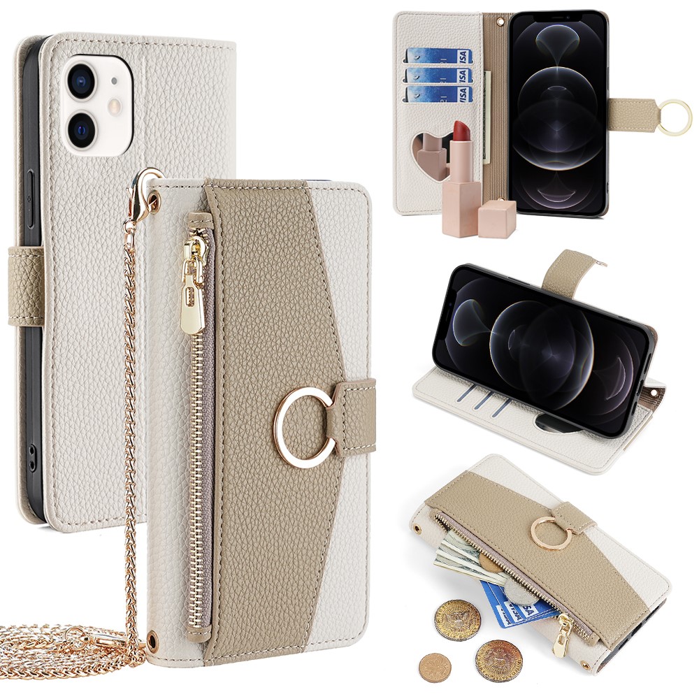 For iPhone 12  /  12 Pro Case Stand with Strap PU Leather Wallet Phone Cover Card Holder - White