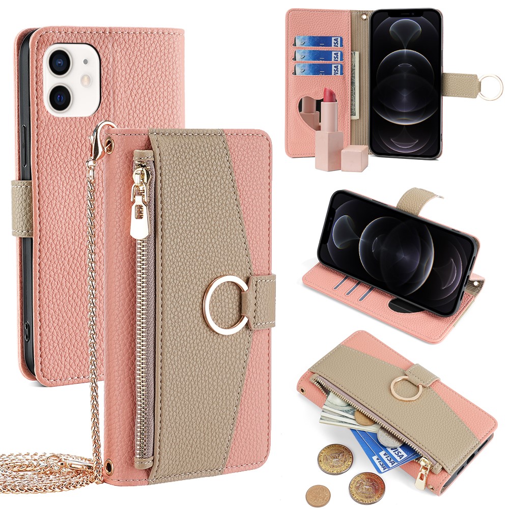 For iPhone 12  /  12 Pro Case Stand with Strap PU Leather Wallet Phone Cover Card Holder - Pink