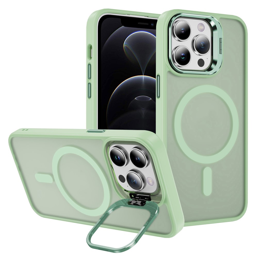 For iPhone 12  /  12 Pro Case Compatible with MagSafe PC+TPU+Metal Phone Cover Kickstand - Green