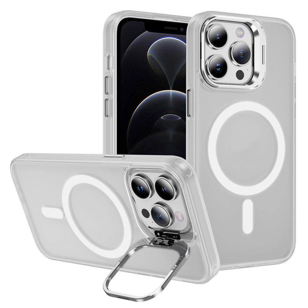 For iPhone 12  /  12 Pro Case Compatible with MagSafe PC+TPU+Metal Phone Cover Kickstand - White