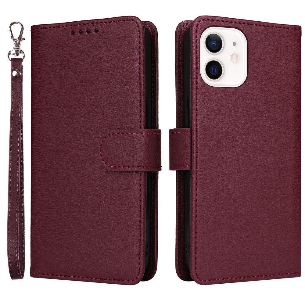 For iPhone 12 mini Magnetic Case BETOPNICE Detachable PU Leather Phone Cover with Strap - Wine Red
