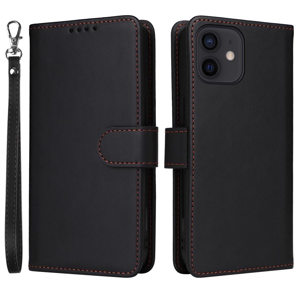 For iPhone 12 / 12 Pro Magnetic Case BETOPNICE Detachable PU Leather Phone Cover with Strap - Black