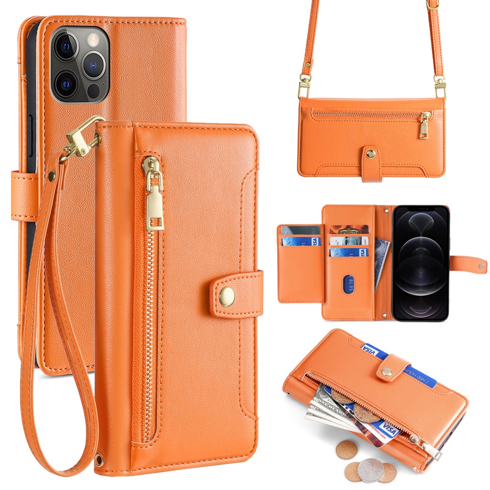For iPhone 12 6.1 inch / 12 Pro 6.1 inch Phone Case Scratch-resistant PU Leather Flip Stand Cover - Orange