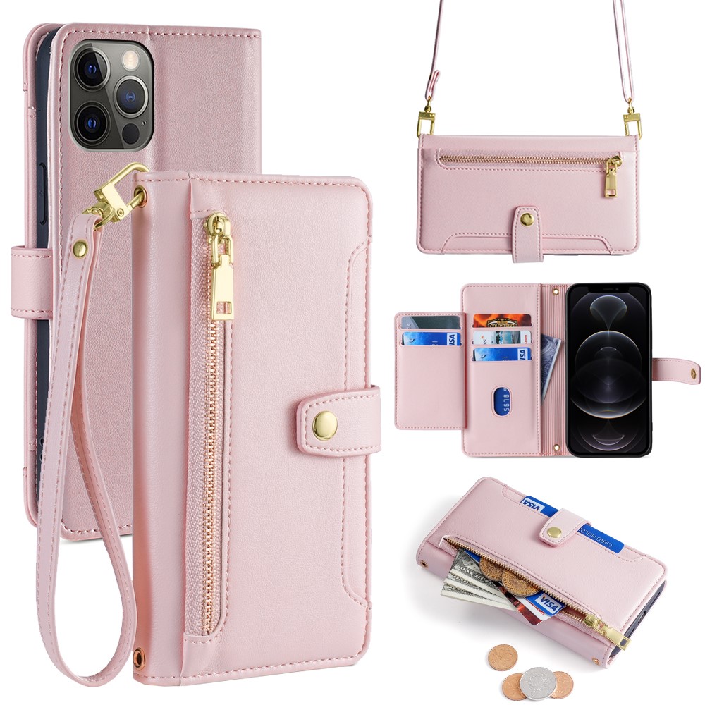 For iPhone 12 6.1 inch / 12 Pro 6.1 inch Phone Case Scratch-resistant PU Leather Flip Stand Cover - Pink