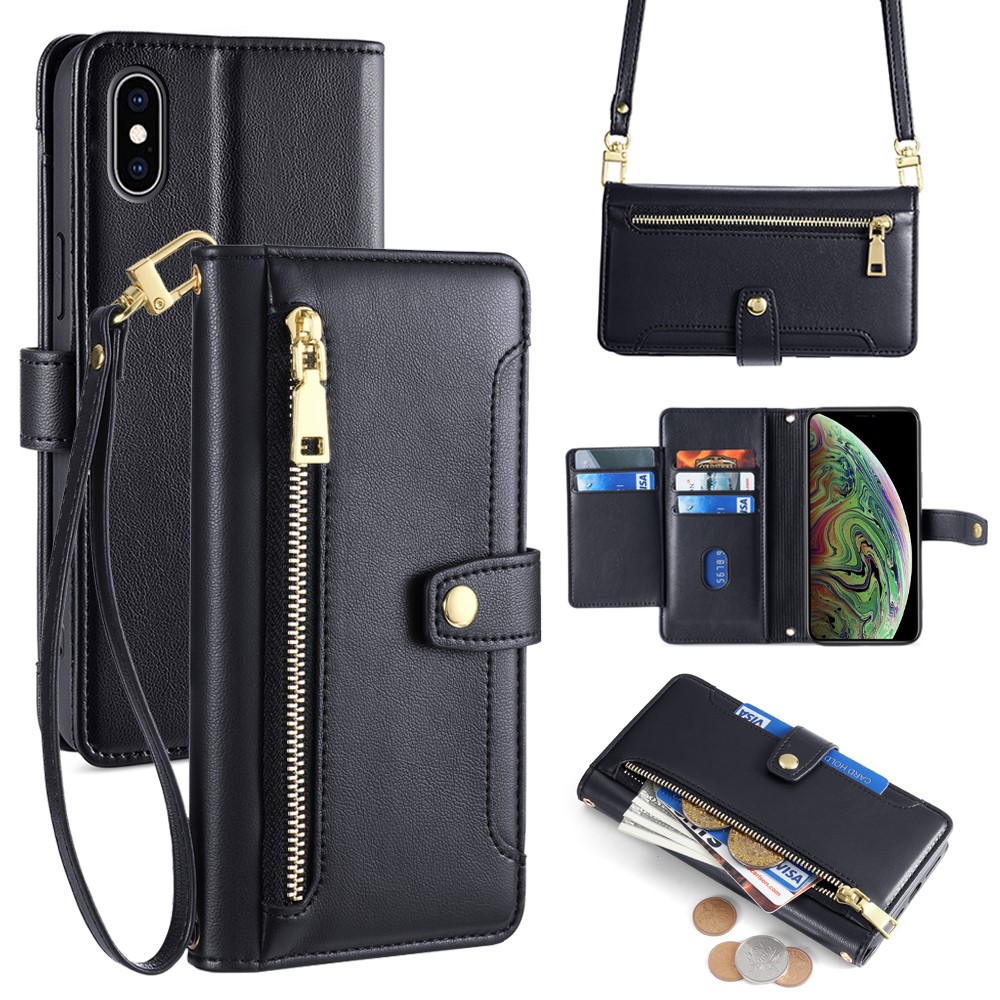 For iPhone XS 5.8 inch / X Case Magnetic Zipper Pocket Cover with Crossbody Shoulder Strap - Black