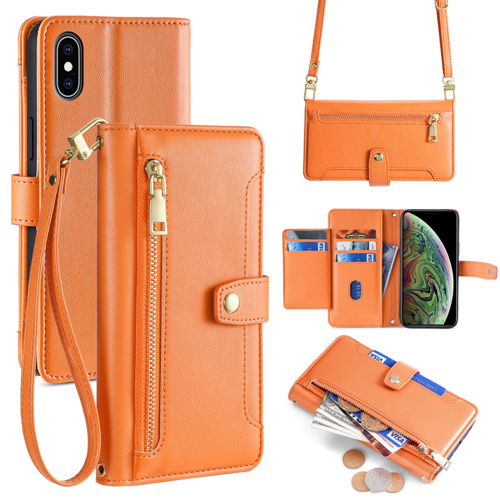 For iPhone XS 5.8 inch / X Case Magnetic Zipper Pocket Cover with Crossbody Shoulder Strap - Orange