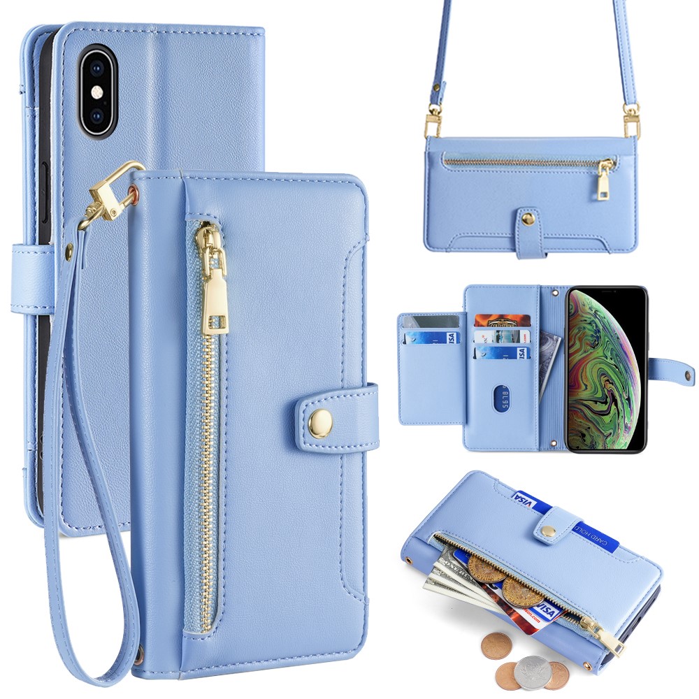 For iPhone XS 5.8 inch / X Case Magnetic Zipper Pocket Cover with Crossbody Shoulder Strap - Blue