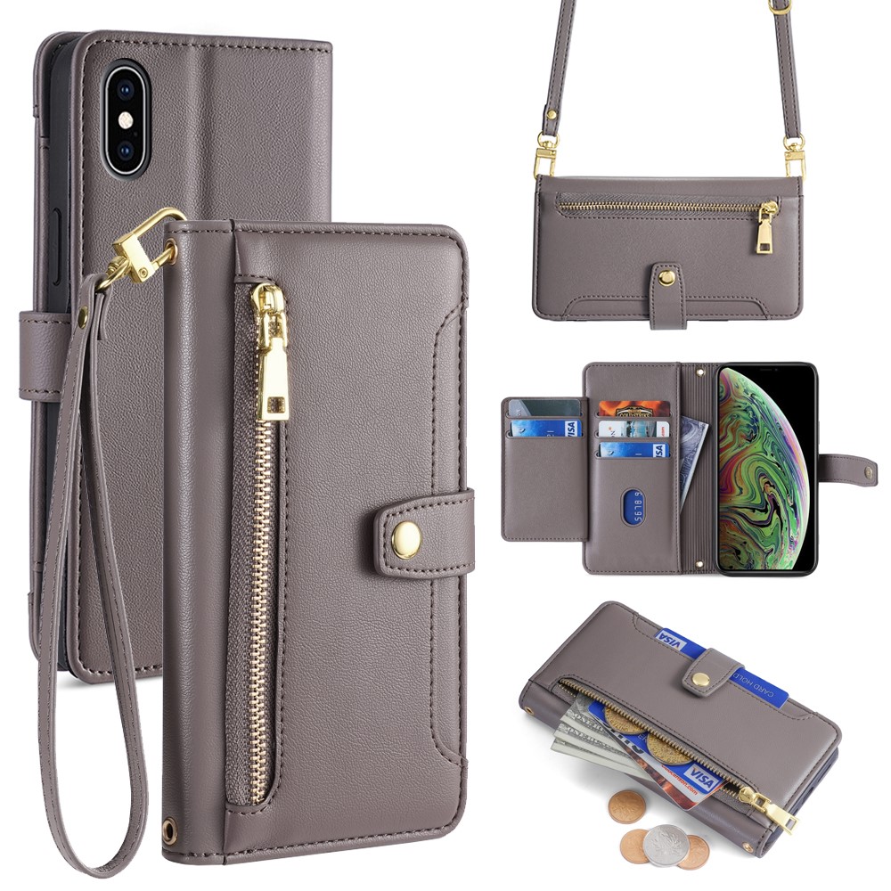 For iPhone XS 5.8 inch / X Case Magnetic Zipper Pocket Cover with Crossbody Shoulder Strap - Grey