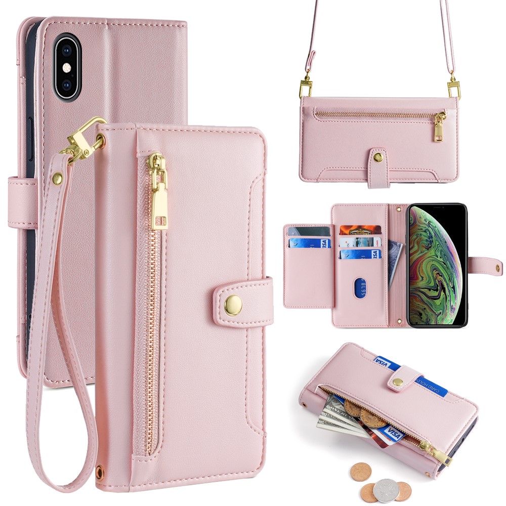 For iPhone XS 5.8 inch / X Case Magnetic Zipper Pocket Cover with Crossbody Shoulder Strap - Pink