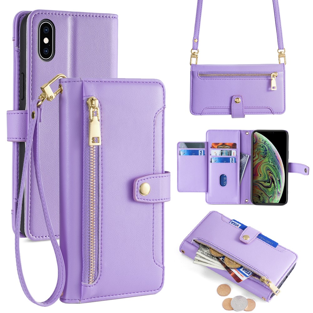 For iPhone XS 5.8 inch / X Case Magnetic Zipper Pocket Cover with Crossbody Shoulder Strap - Purple