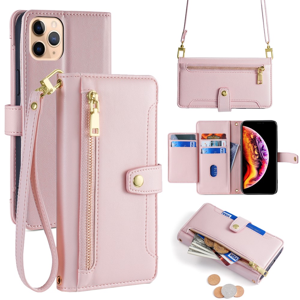 For iPhone 11 Pro Max Cell Phone Case Magnetic Closure PU Leather Cover - Pink