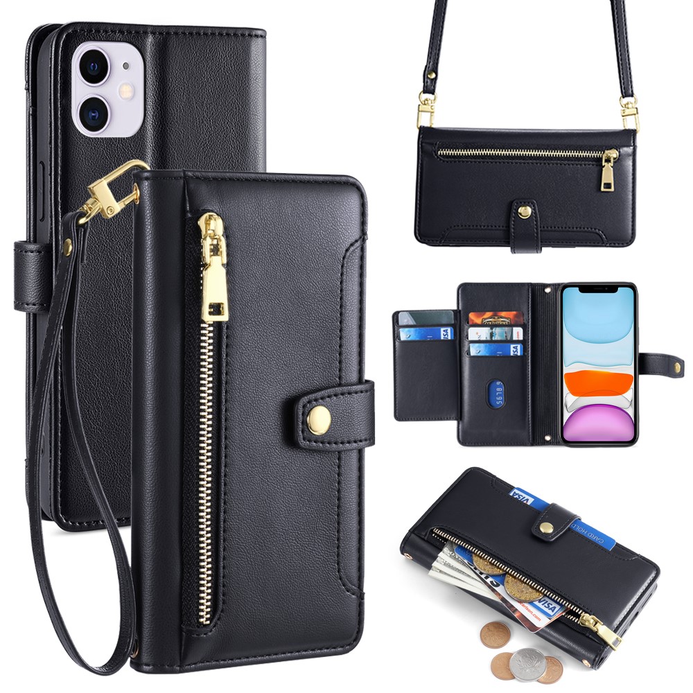 For iPhone 11 Case Anti-scratch Wallet Phone Cover with Magnetic Closure - Black