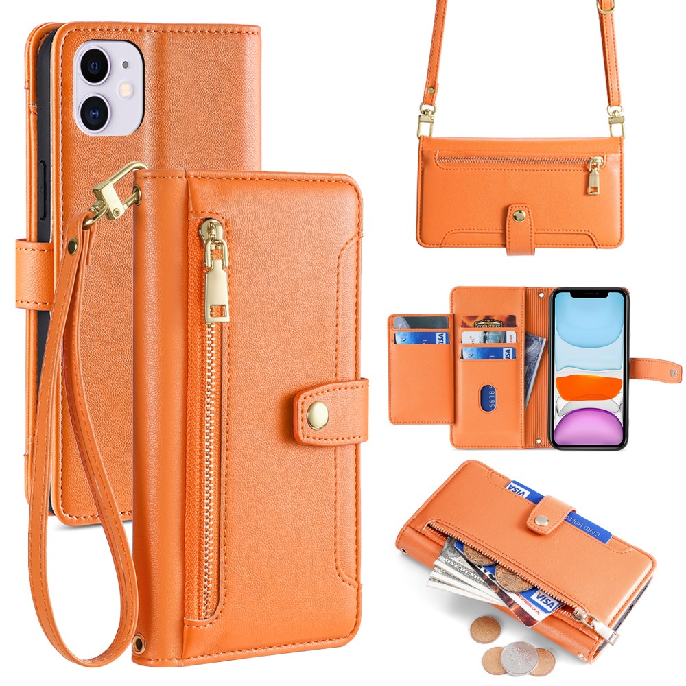 For iPhone 11 Case Anti-scratch Wallet Phone Cover with Magnetic Closure - Orange