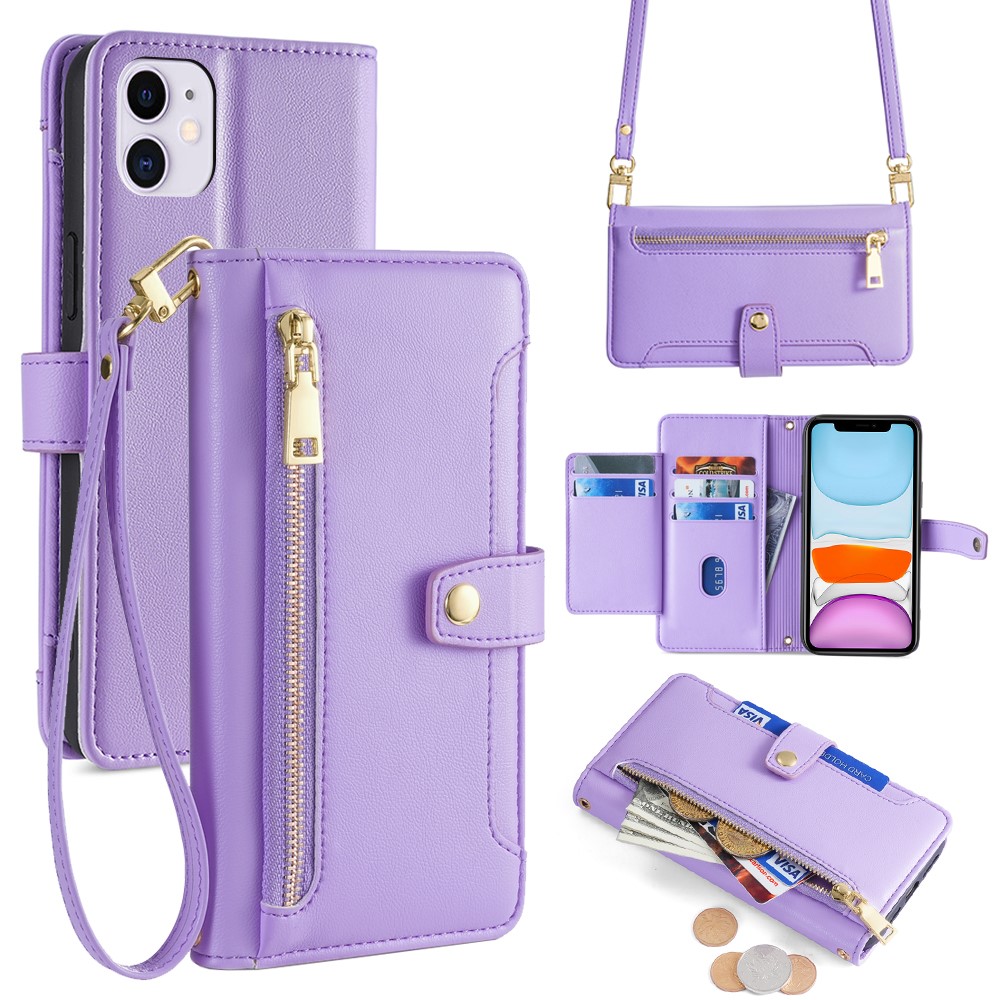 For iPhone 11 Case Anti-scratch Wallet Phone Cover with Magnetic Closure - Purple