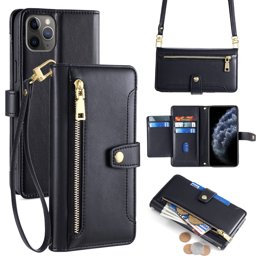 For iPhone 11 Pro Wallet Case Magnetic Crossbody Card Holder Phone Cover - Black