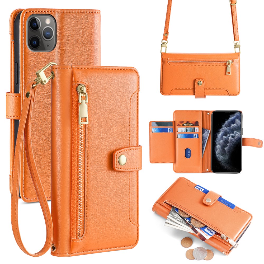For iPhone 11 Pro Wallet Case Magnetic Crossbody Card Holder Phone Cover - Orange