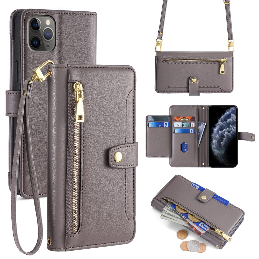For iPhone 11 Pro Wallet Case Magnetic Crossbody Card Holder Phone Cover - Grey