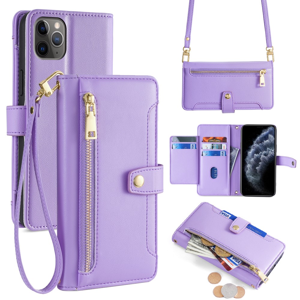 For iPhone 11 Pro Wallet Case Magnetic Crossbody Card Holder Phone Cover - Purple