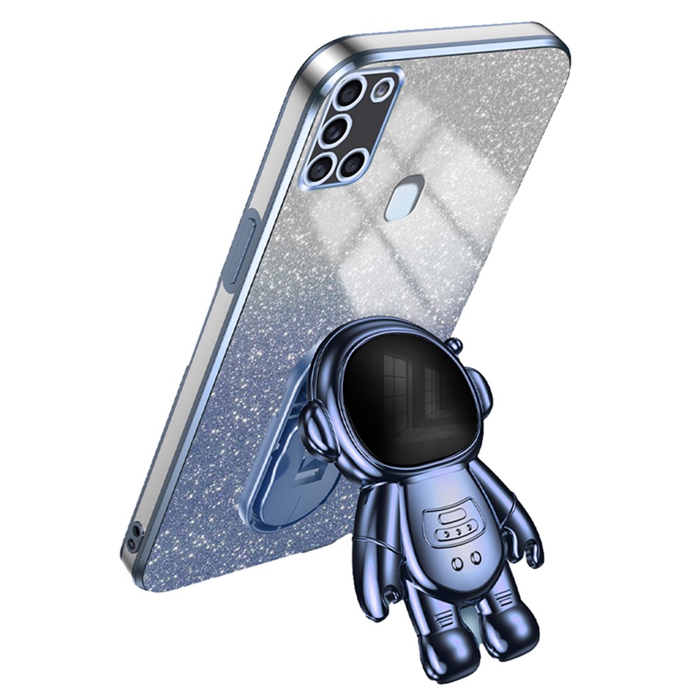 For Samsung Galaxy A21s Anti-scratch Phone Shell PC+TPU Phone Cover Case with Astronaut Kickstand - Blue