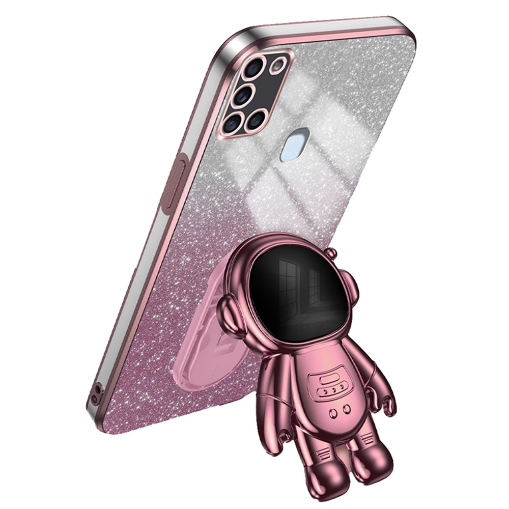 For Samsung Galaxy A21s Anti-scratch Phone Shell PC+TPU Phone Cover Case with Astronaut Kickstand - Pink