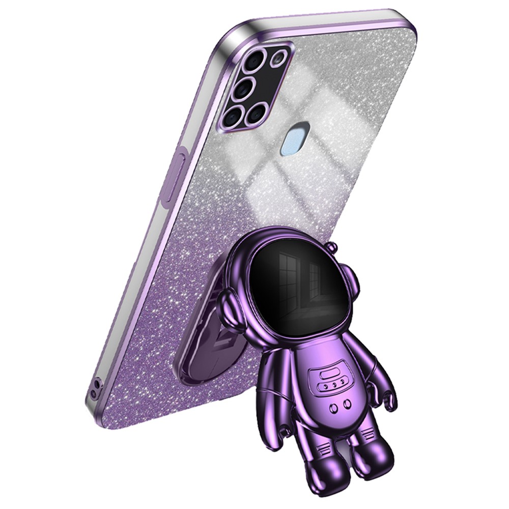 For Samsung Galaxy A21s Anti-scratch Phone Shell PC+TPU Phone Cover Case with Astronaut Kickstand - Purple